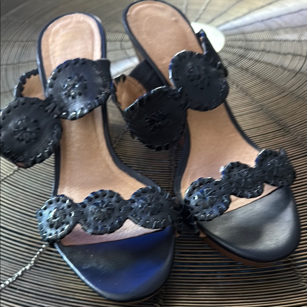 Jack Rogers Black and Brown Wedge Sandals with Decorative Straps
